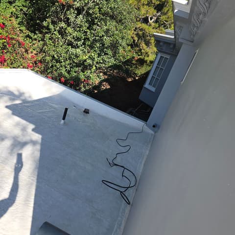 A flat white roof after cleaning, looking down over the parapet into the garden