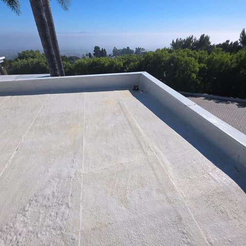 A flat white rooftop after cleaning, with the ocean beyond the treeline